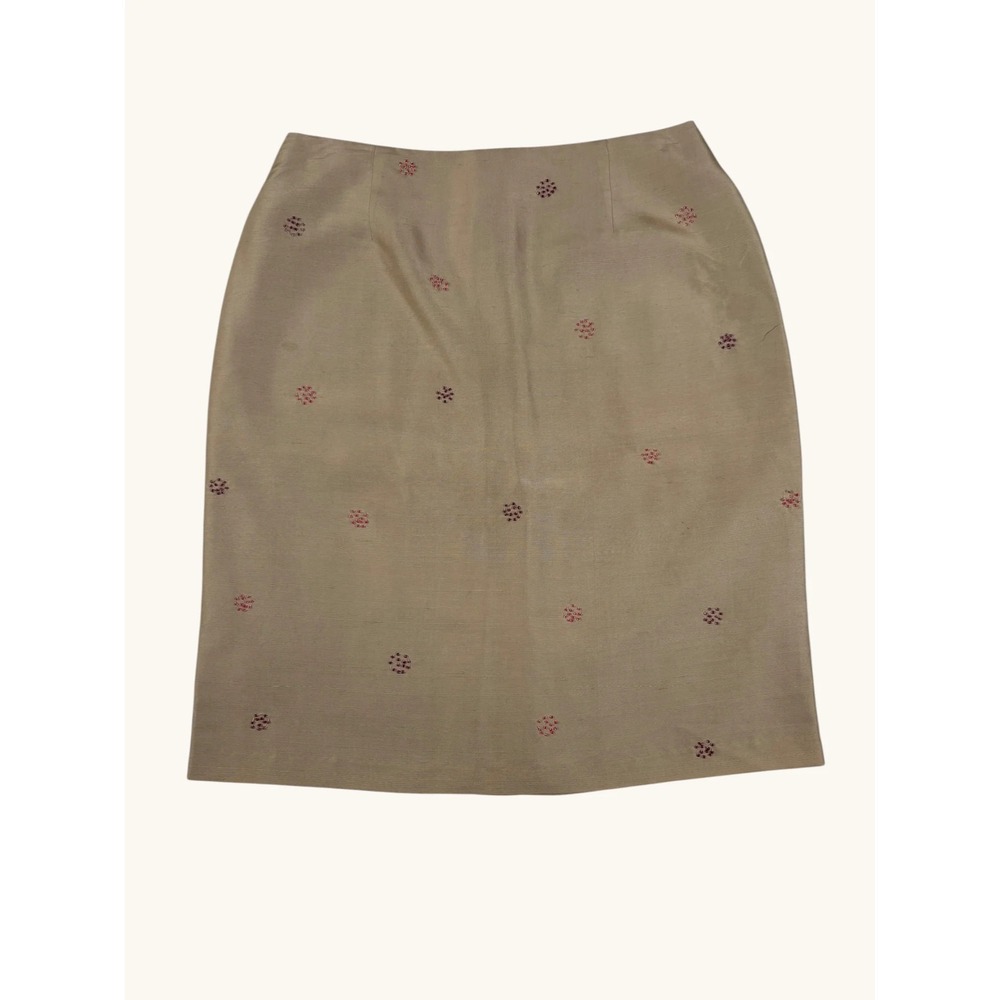 ICE Womens 100% Silk Beaded Floral Pencil Skirt Tan Champagne Size 8 Knee Length